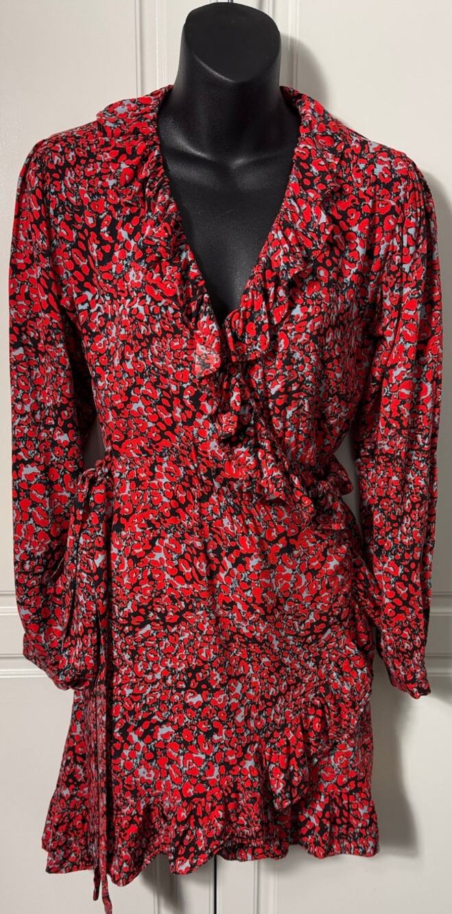 Aqua Wrap Dress in Red Animal Print w/Ruffle Detail Long Sleeves Size S NWOT